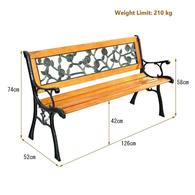 Stylish Garden Patio Bench, Spacious 3-Person Outdoor Seating, Classic Park Bench with Slatted Seat, Cast Metal Frame, Pine Wood Construction