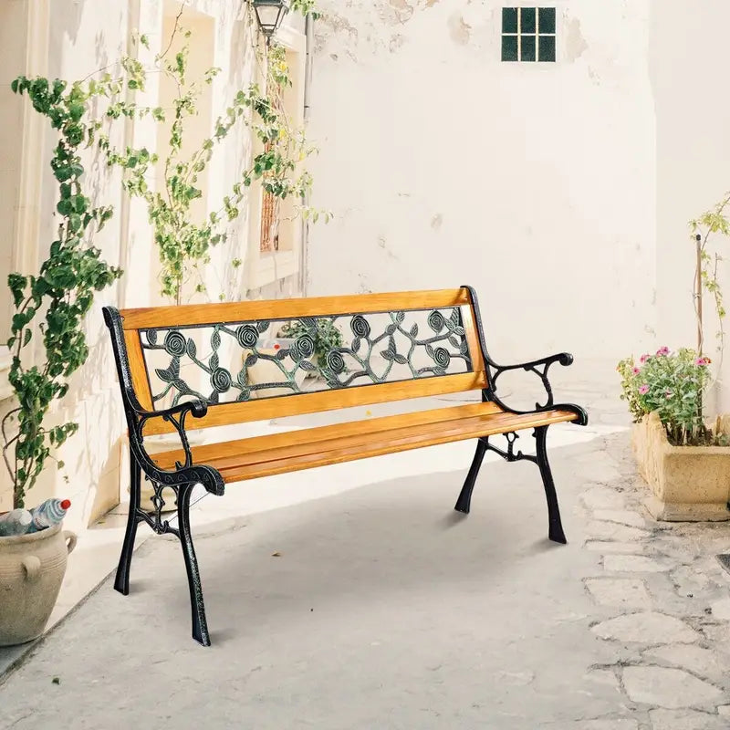 Stylish Garden Patio Bench, Spacious 3-Person Outdoor Seating, Classic Park Bench with Slatted Seat, Cast Metal Frame, Pine Wood Construction