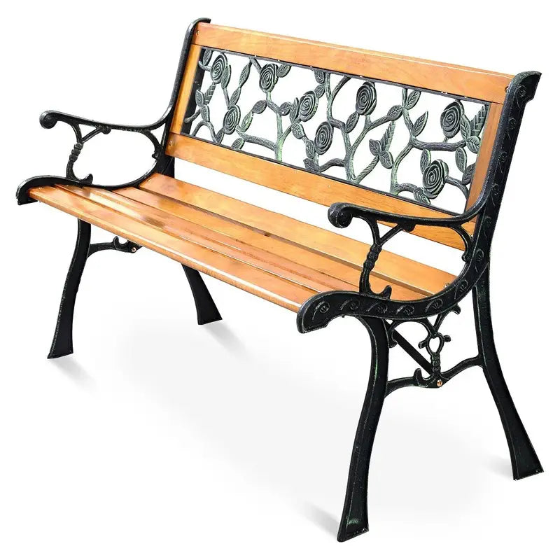Stylish Garden Patio Bench, Spacious 3-Person Outdoor Seating, Classic Park Bench with Slatted Seat, Cast Metal Frame, Pine Wood Construction