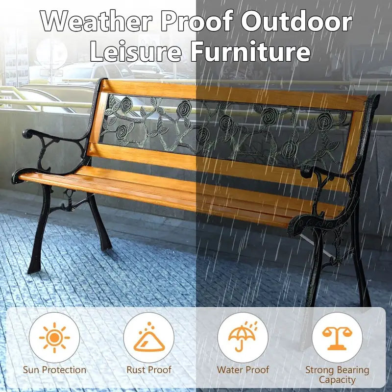Stylish Garden Patio Bench, Spacious 3-Person Outdoor Seating, Classic Park Bench with Slatted Seat, Cast Metal Frame, Pine Wood Construction