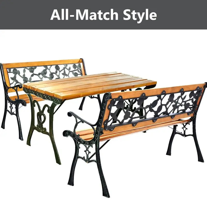 Stylish Garden Patio Bench, Spacious 3-Person Outdoor Seating, Classic Park Bench with Slatted Seat, Cast Metal Frame, Pine Wood Construction