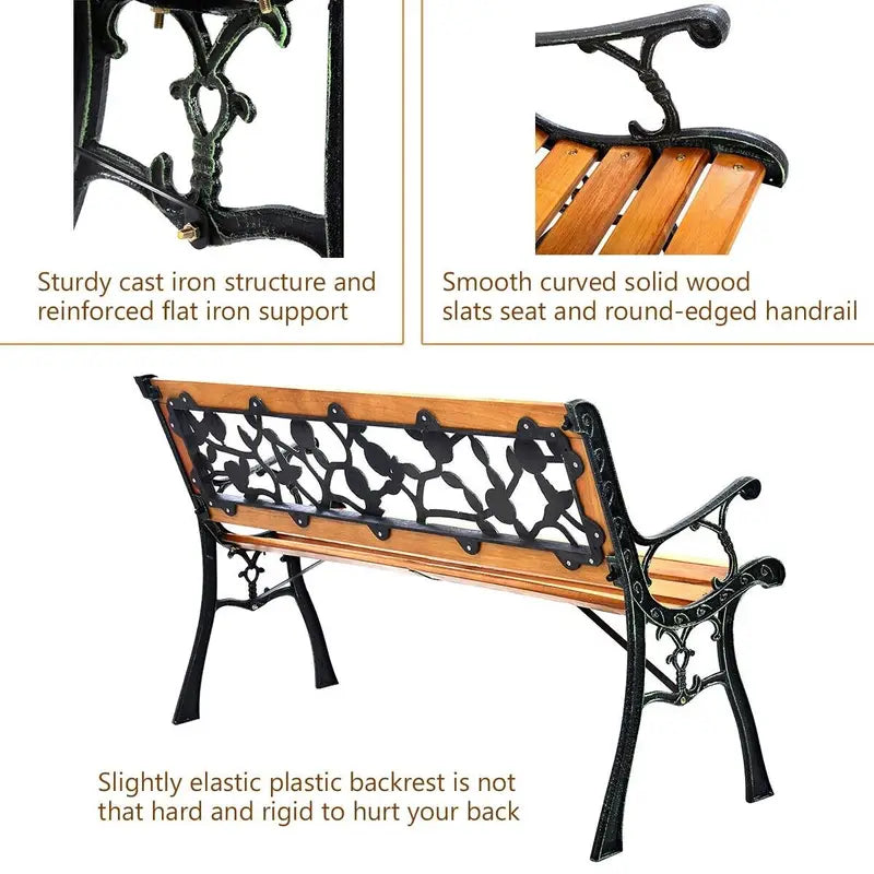 Stylish Garden Patio Bench, Spacious 3-Person Outdoor Seating, Classic Park Bench with Slatted Seat, Cast Metal Frame, Pine Wood Construction